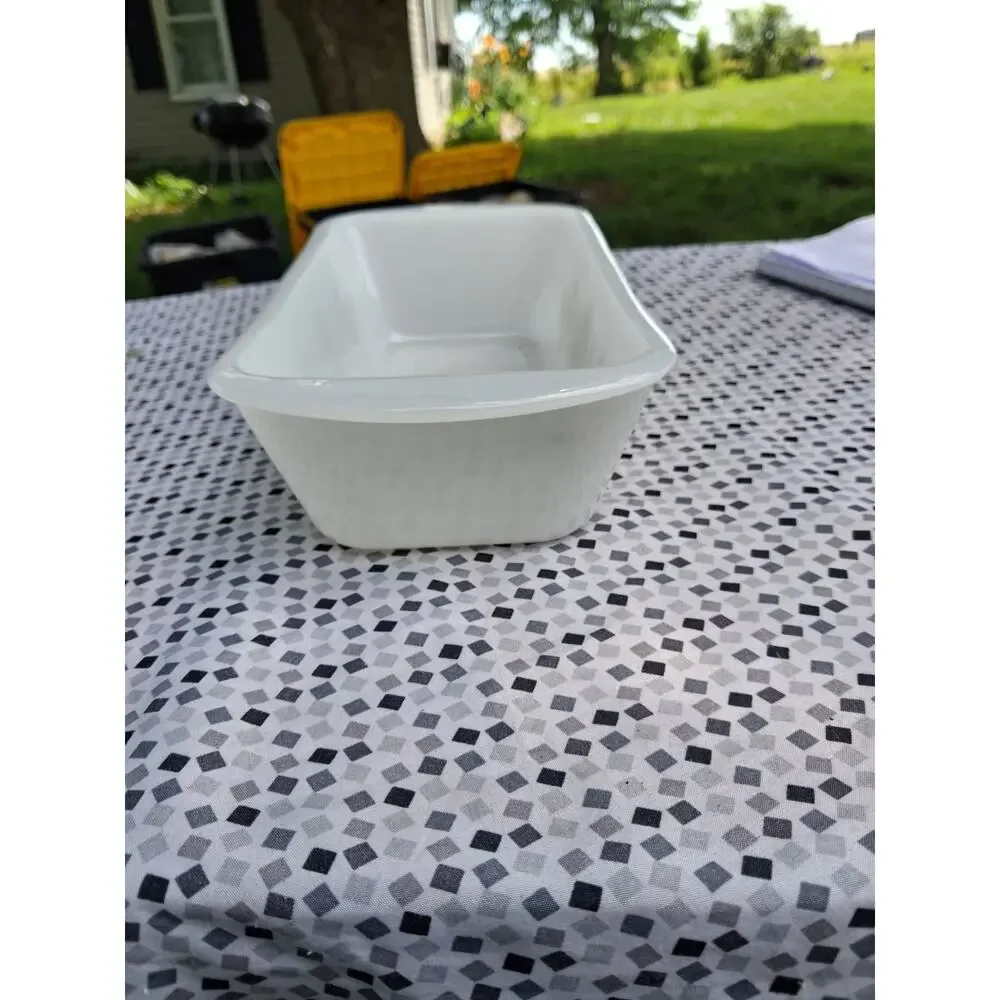 vtg Glasbake Milk Glass Loaf Pan Baking Dish 1-1/2 Qt w Green Modern Flowers
